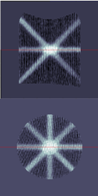 Orthogonal views (top) through the dosimeter for the isocenter verification of a 5mm diameter MLC field