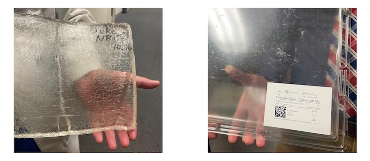 Left: An original product sample of the water clear bolus developed in 2006; Dr. Kirkpatrick insists the material is so pure that it can be eaten (and he did, indeed, eat a small piece). Right: A sample of the Clearsight bolus from 2020.
