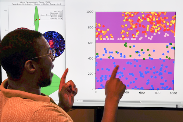 Breylon in the lab, explaining a presentation