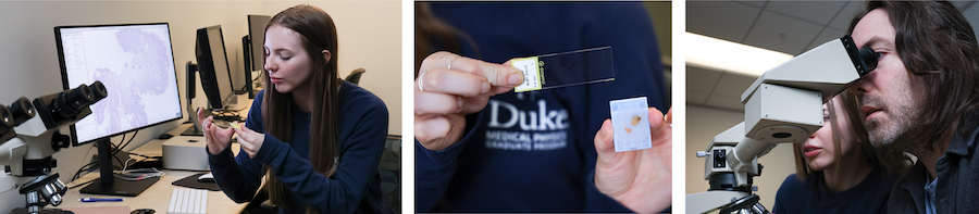 Collage of photos of Casey Heirman in the lab with Dr. Lafata