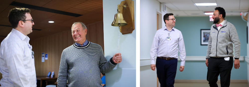 Left: Patrick Schultea rings the bell, signifying the end of treatment, with Paul Koffer, MD. Right: Dr. Koffer chats with Mohamed Badawi, BSc, CSTM, MBA, about adaptive treatment.