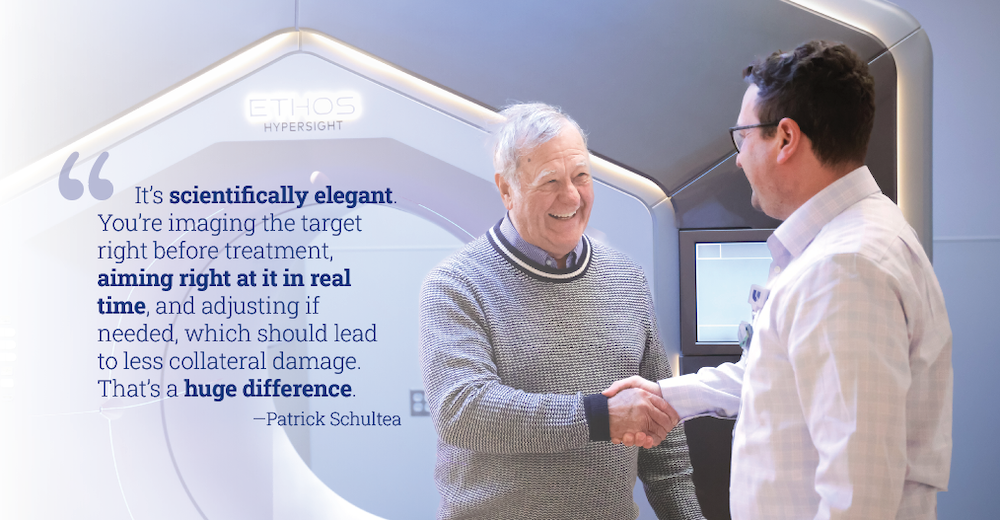 Patrick Schultea shaking hands with Dr. Paul Koffer; text on image reads, "It's scientifically elegant. You re imaging the target right before treatment, aiming right at it in real time, and adjusting if needed, which should lead to less collateral damage. That's a huge difference. -Patrick Schultea"