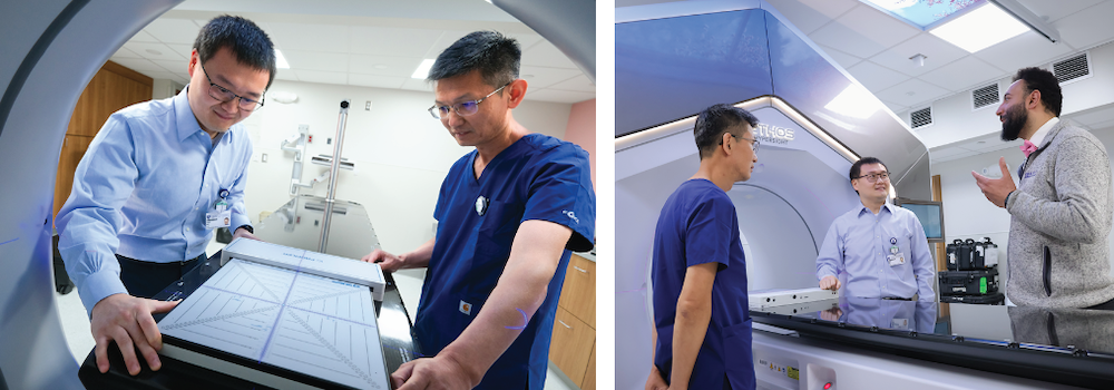 Left: Physicists Yibo Xie, PhD, and Yunfeng Cui, PhD, setting up QA device for commissioning. Right: Drs. Xie and Cui discuss commissioning of the new machine with Mohamed Badawi, BSc, CSTM, MBA. 