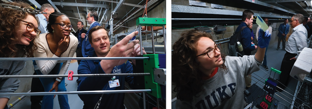 Left: Duke University Medical Physics Graduate Program students Julia Sherman, Cierra Gibson and Seth Wilcox position samples in the beam line. Right: Julia holds up dosimetric film to verify targeting. 