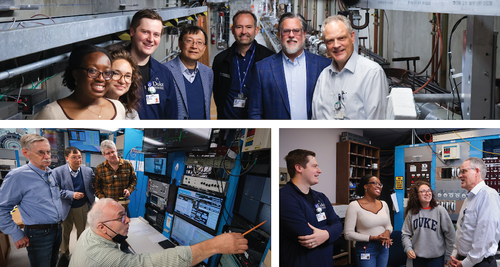 Top: The team poses for a photo. Left bottom: Victor Popov, PhD, senior research scientist; Ying Wu, PhD, professor of physics and TUNL associate director for accelerator physics and light source operation at HIGS; Eric Martin, senior engineer; and Stepan Mikhailov, PhD, senior research scientist and head of the HIGS operation group. Right bottom: Duke University Medical Physics Graduate Program (MPGP) students Seth Wilcox, Cierra Gibson and Julia Sherman chat with MPGP Director Mark Oldham, PhD.