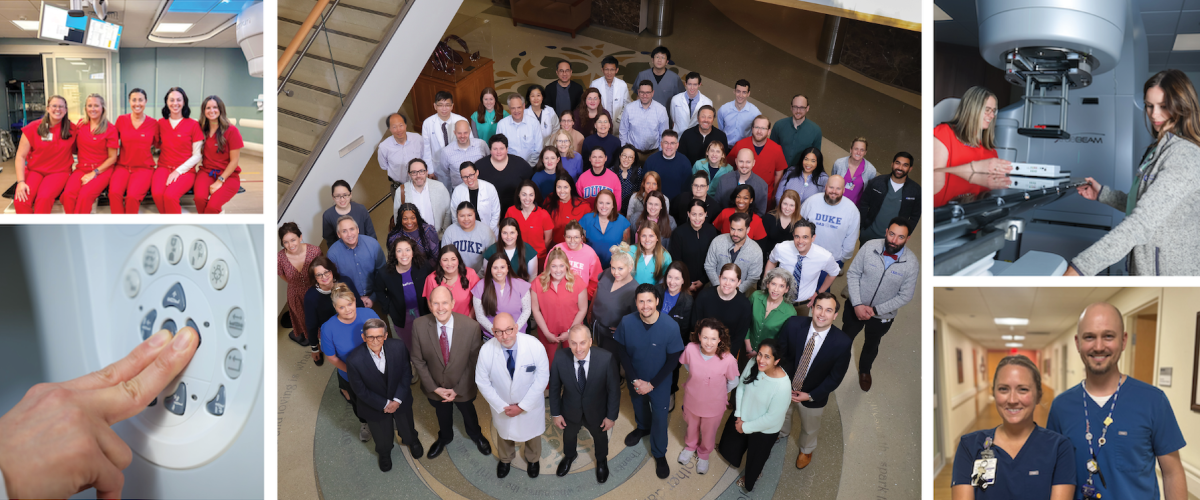 Collage of photos of radiation therapists and Duke Radiation Oncology group photo